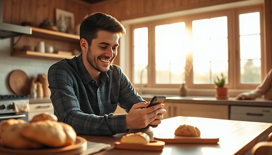 Young man in kitchen using phone to manage debt and savings, warm sunlight.