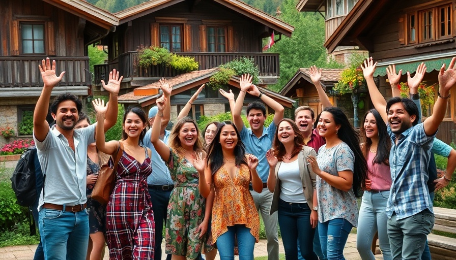People celebrating in mountain village, collaborative finance for sustainable living theme.