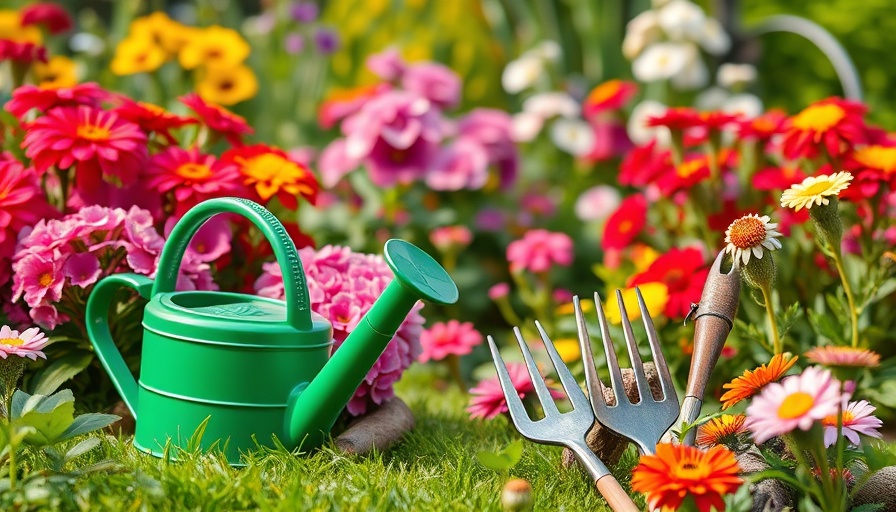 UK garden tools and flowers indicating hosepipe bans.