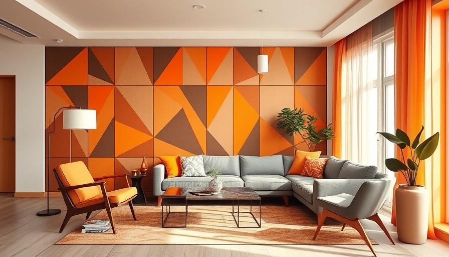 Modern living room with geometric design, sleek furniture, and warm colors.