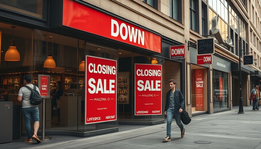 Storefront with closing down sale signs and pedestrian, UK company insolvencies decline context.