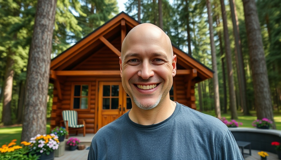 Smiling man in front of a cozy cabin in forest, Buying land to build rentals