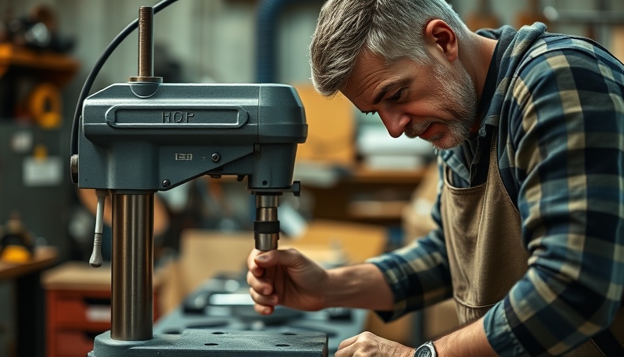 Craftsman adjusting drilling machine highlighting metal stamping for power tools.