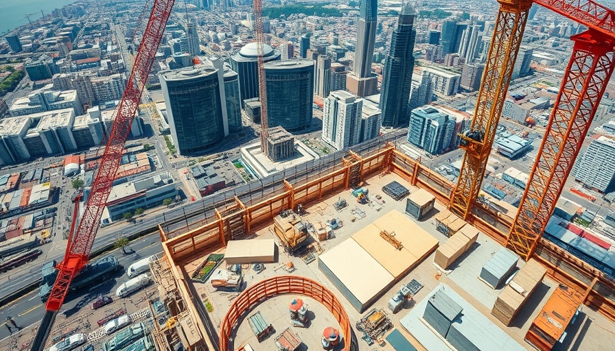IFRS 16 impact on construction: bustling urban construction site with cranes.