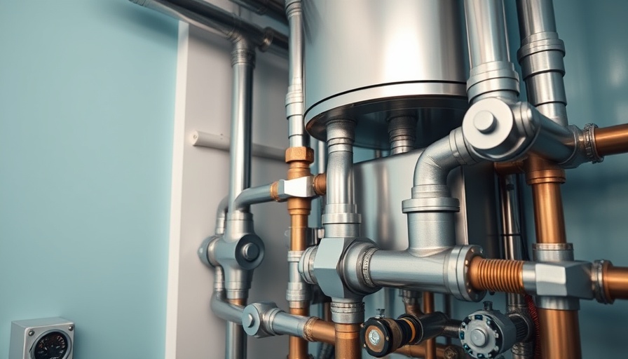 Close-up of modern boiler pipes in blue-walled room.