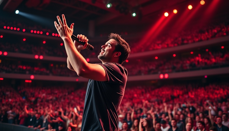 Energetic performer on stage with red lights during concert.