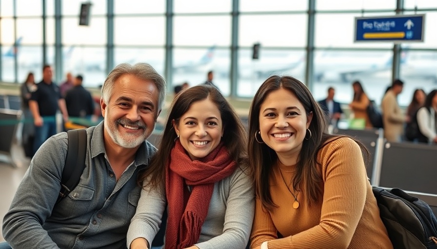 Happy family at airport before moving from USA to UK.