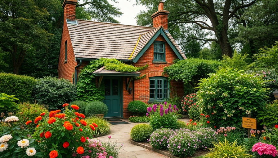 Charming brick cottage in lush garden, modern cottage aesthetic.
