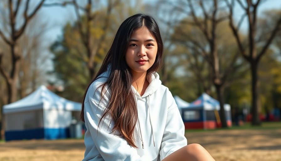 Young woman in a park with tents, sitting calmly.