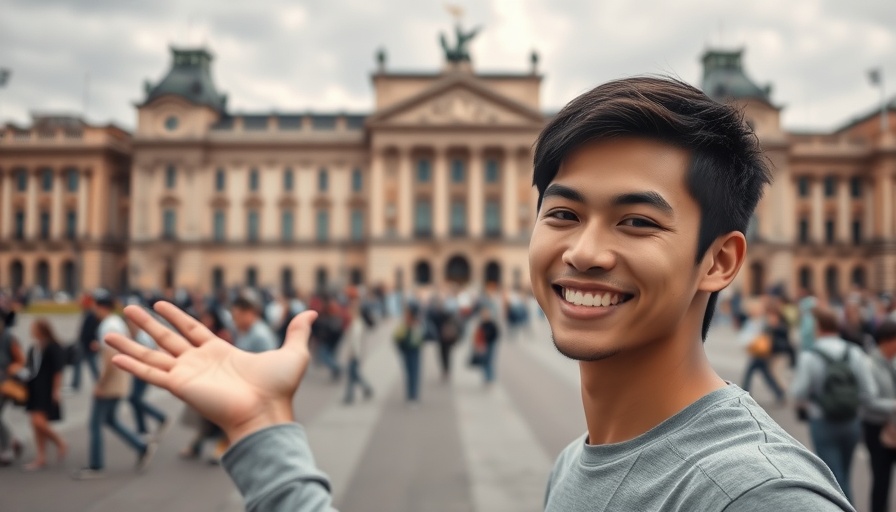 Visitor posing in front of Buckingham Palace, cloudy day.