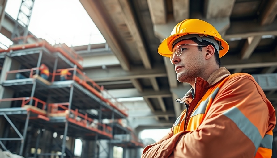 Construction worker inspecting faulty bridge construction site, steel beams visible.