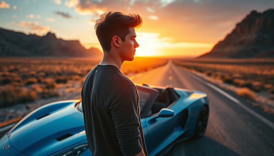 Young man and sports car at sunrise symbolize 'going without versus doing without'.