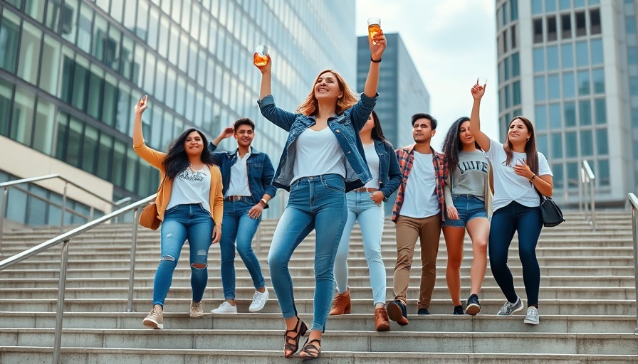 Woman celebrating on Wembley steps raises drink in joyful pose.