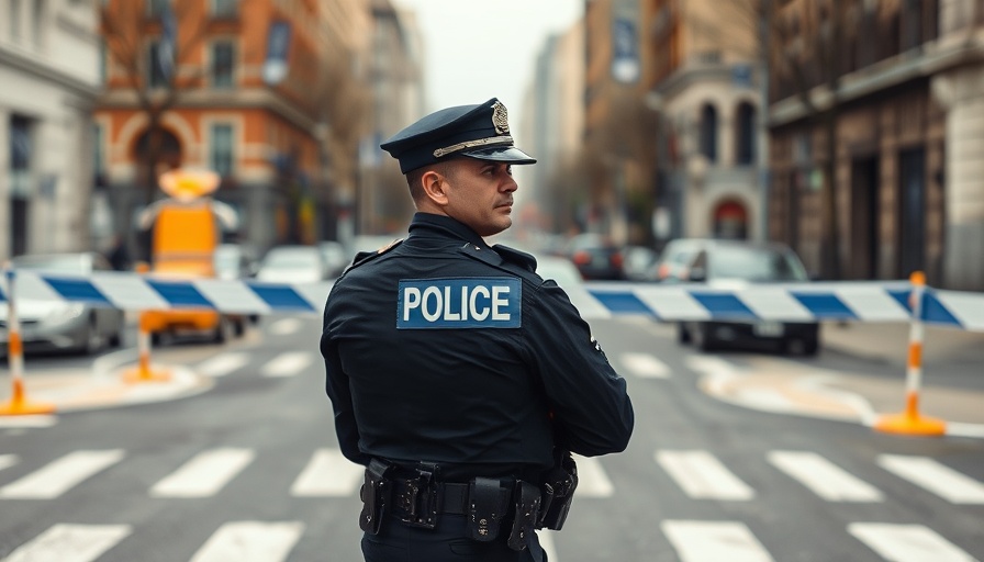Police officer behind barrier tape on closed street, local spotlights.