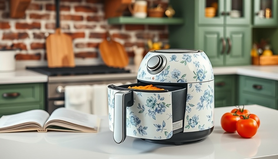 Stylish Laura Ashley air fryer with blue floral design in cozy kitchen.
