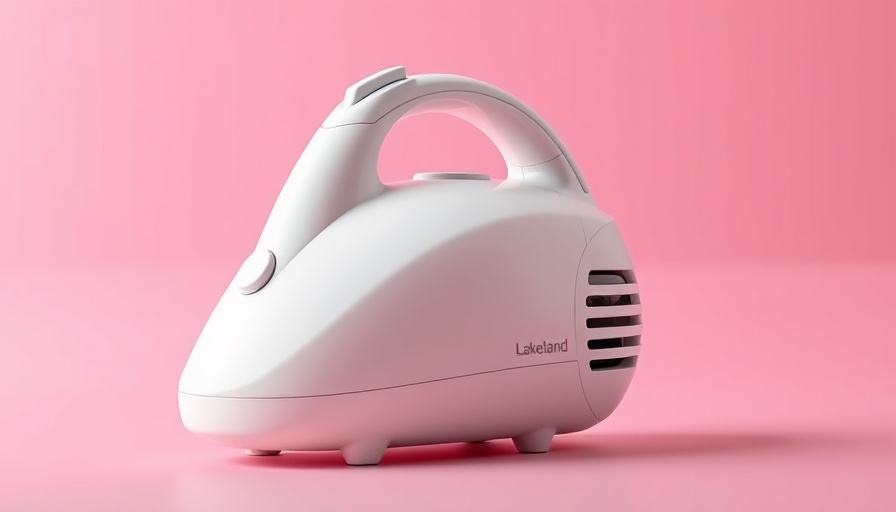 Sleek white Lakeland mini countertop vacuum against soft pink background.