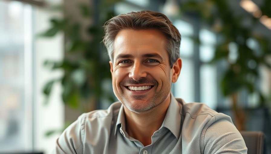 Smiling businessman in office setting, no asset is safe.