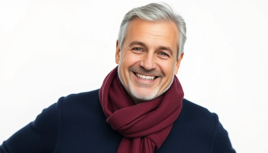 Confident man smiling in maroon scarf, photorealistic portrait, overcoming challenges.