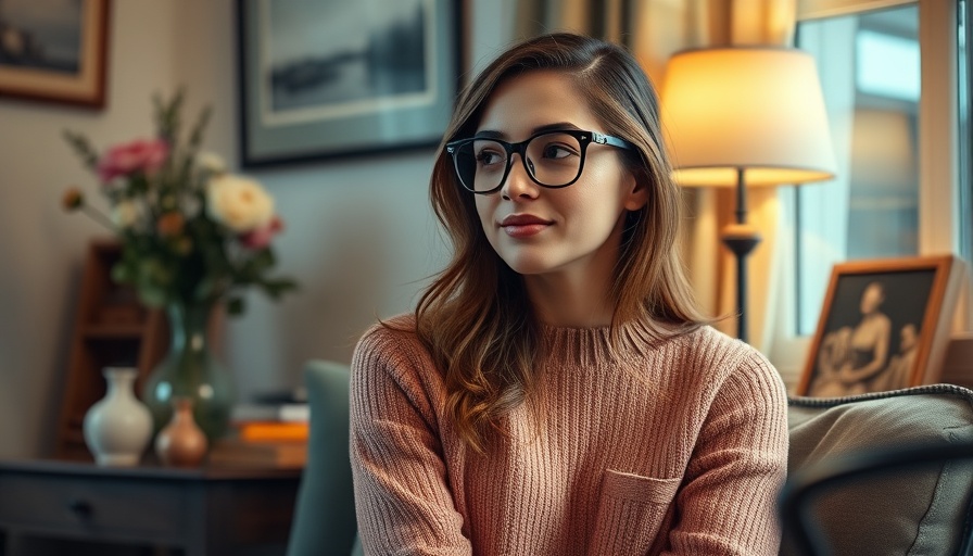 Casual modern woman sitting near floral vase in cozy interior.
