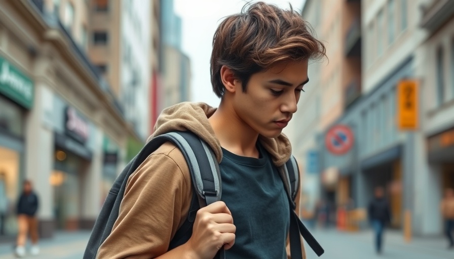 Young individual with backpack on city street for Sexual Assault Awareness London.