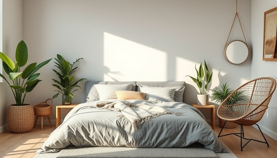 Sustainable bedroom design with plants and cozy decor.
