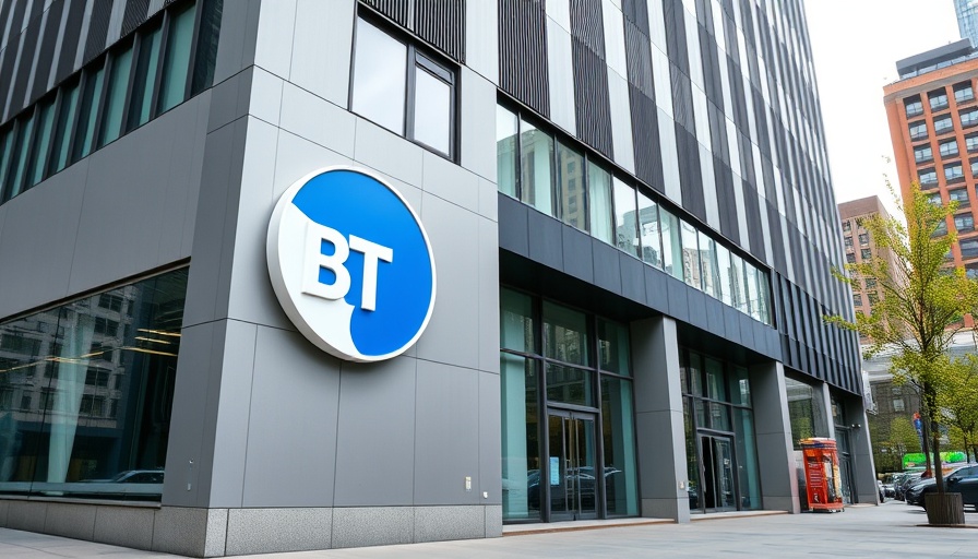 Modern office building with BT logo indicating BT refunds £18 million to customers