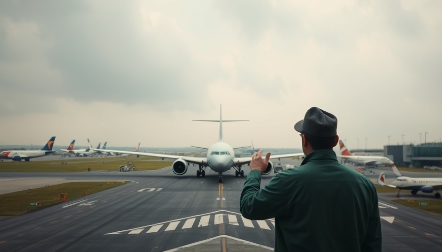 Person directing on a busy airport runway, highlighting Gatwick disruption today.