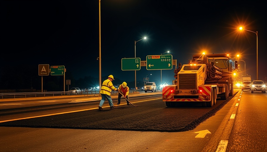 Workers laying recycled asphalt on a road at night.