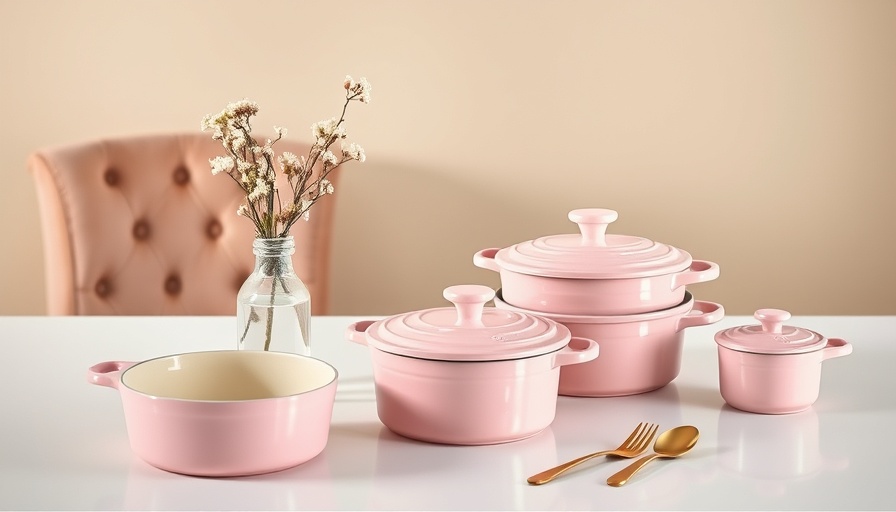 Chic pink Le Creuset set on table, part of Mystery Box Sale.