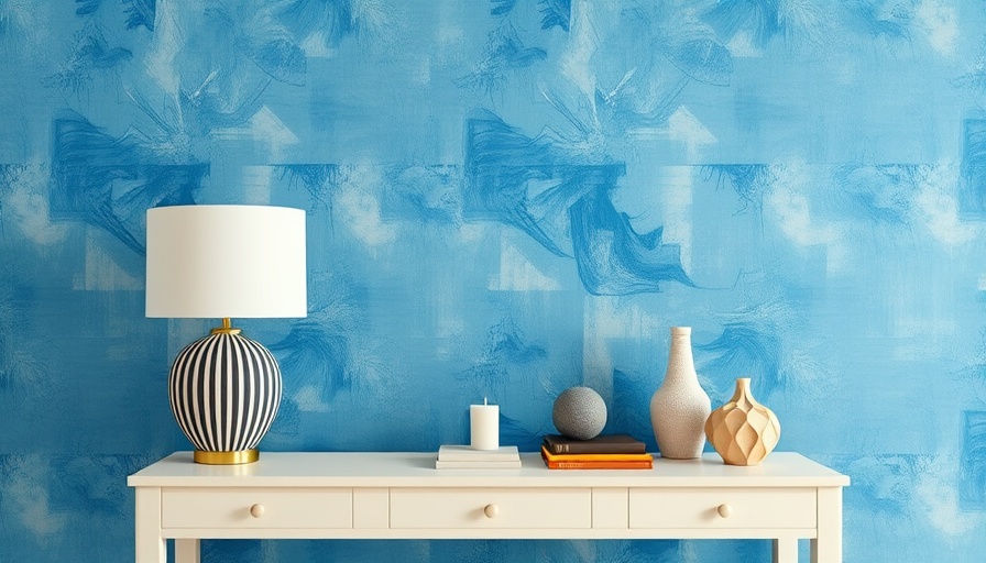 Elegant blue interior decor with abstract wallpaper and table.