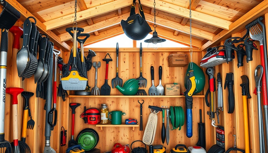 Bungee cord shed storage hack for organizing garden tools efficiently.