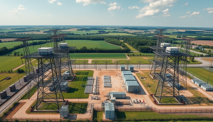 Aerial view of an electrical substation in the countryside for Electricity Transmission Partnership.