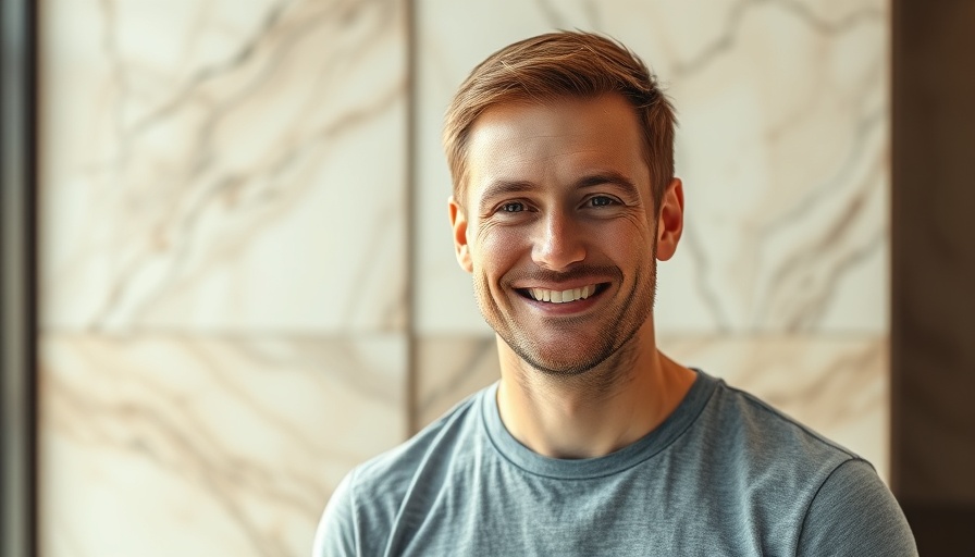 Portrait of a smiling man in front of a marble wall.