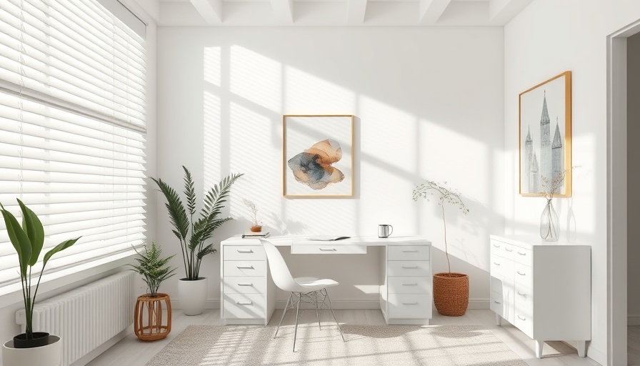 Bright home office with white blinds casting sunlight; choosing the perfect window treatments.