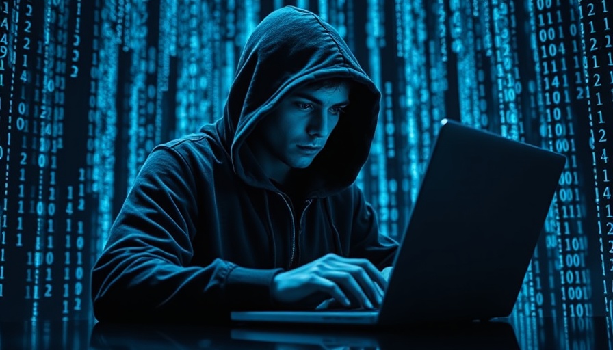 Hooded figure in digital code environment, illustrating cyber threats related to malicious browser extensions.