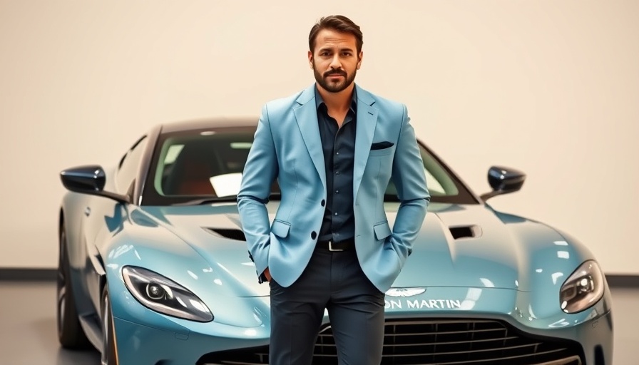 Man in blazer with Aston Martin F1 car, highlighting financial news.