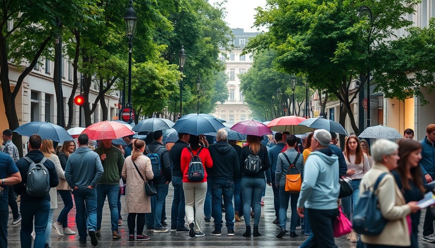 Storm Floris rain impacts London as people shelter under umbrellas.
