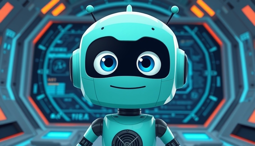 Teal cartoon robot with digital interface amid futuristic patterns.