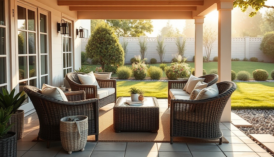 Chic outdoor patio setup with wicker furniture and soft cushions in garden.