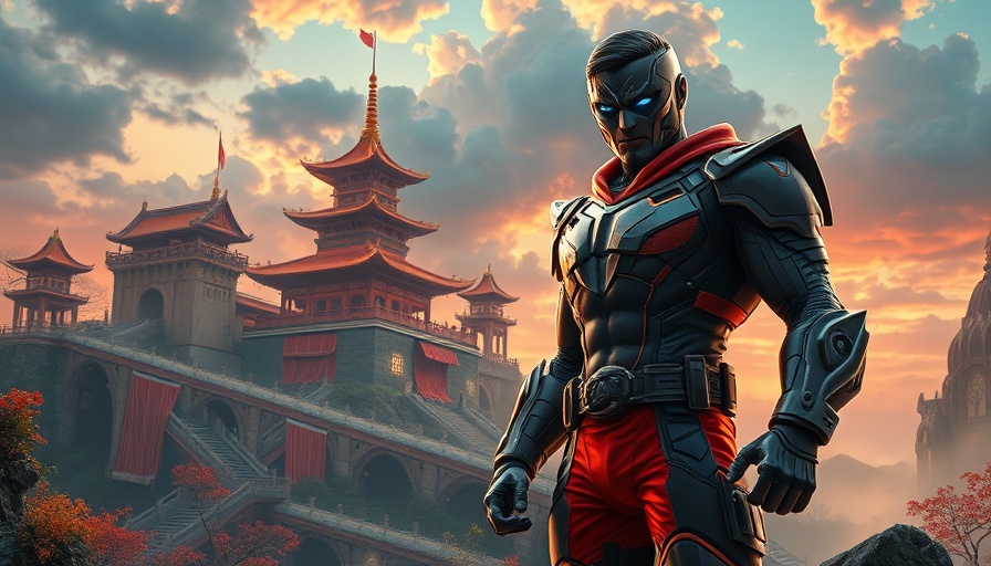 Superhero character in fantasy landscape during Fortnite Super Showdown.