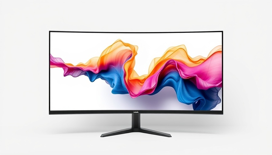 Ultra-wide 5K monitor with vibrant abstract display.