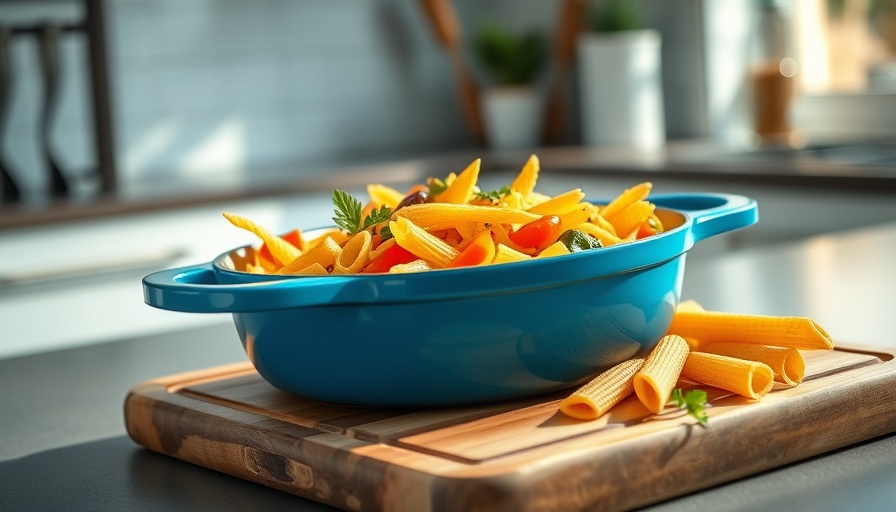 Aldi Everyways Pan showcasing a colorful pasta dish in a modern kitchen.
