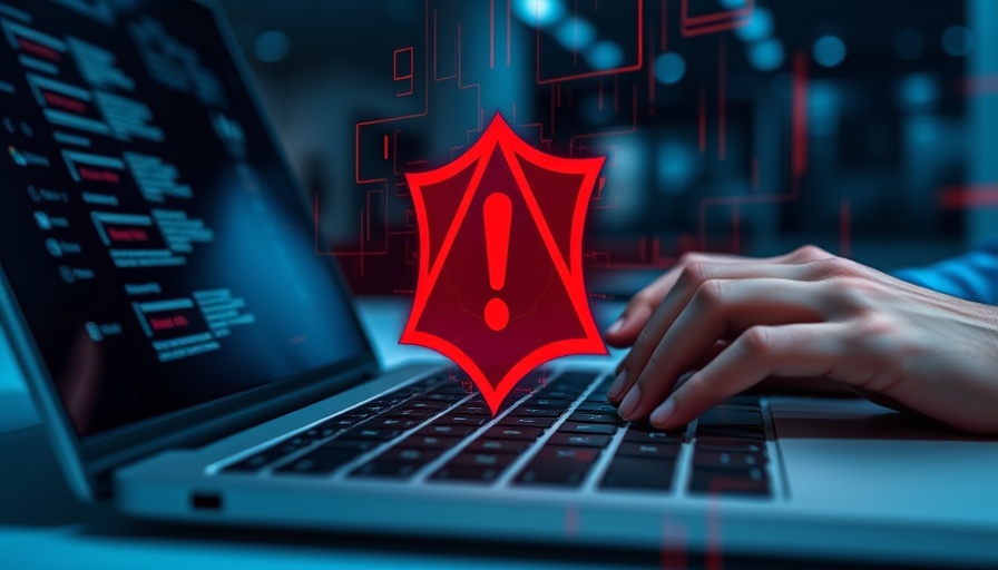Hands on laptop with cybersecurity threat warning overlay.
