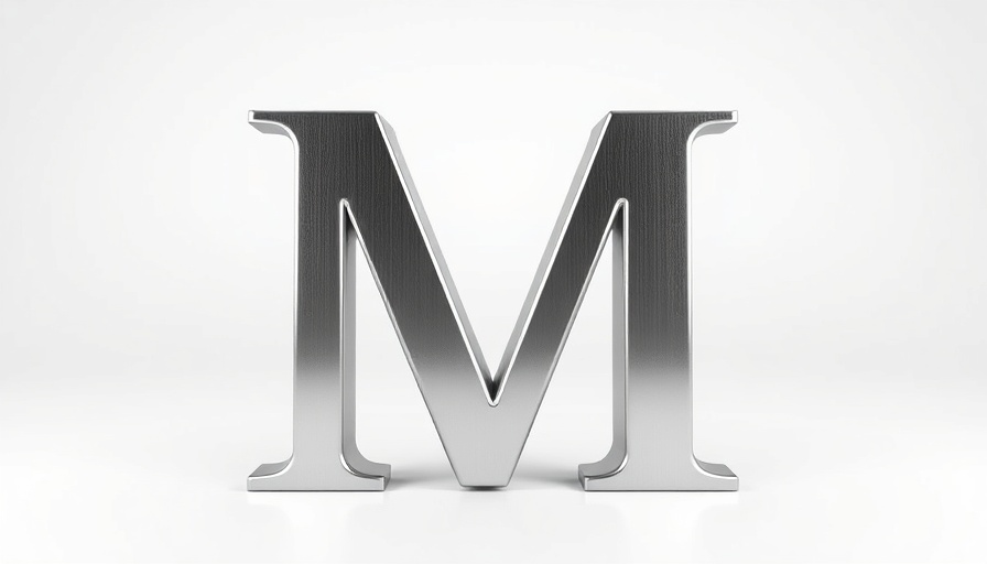 3D metallic letter M on a white background