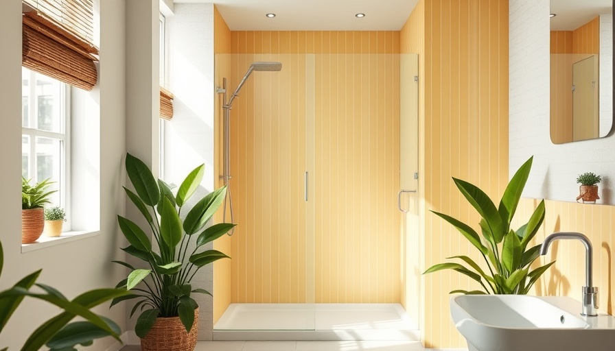 Modern bathroom with striped tiles and lush plants, overlooked home renovation details.