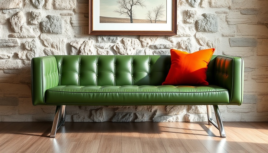 Stylish chrome-legged green bench with orange pillow in cozy stone-walled room.