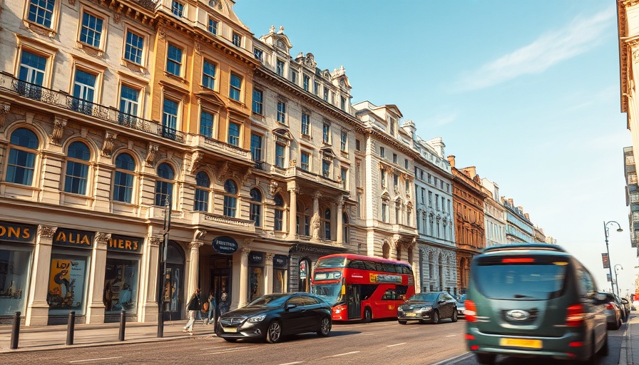 Historic London street with cars, sunny day.