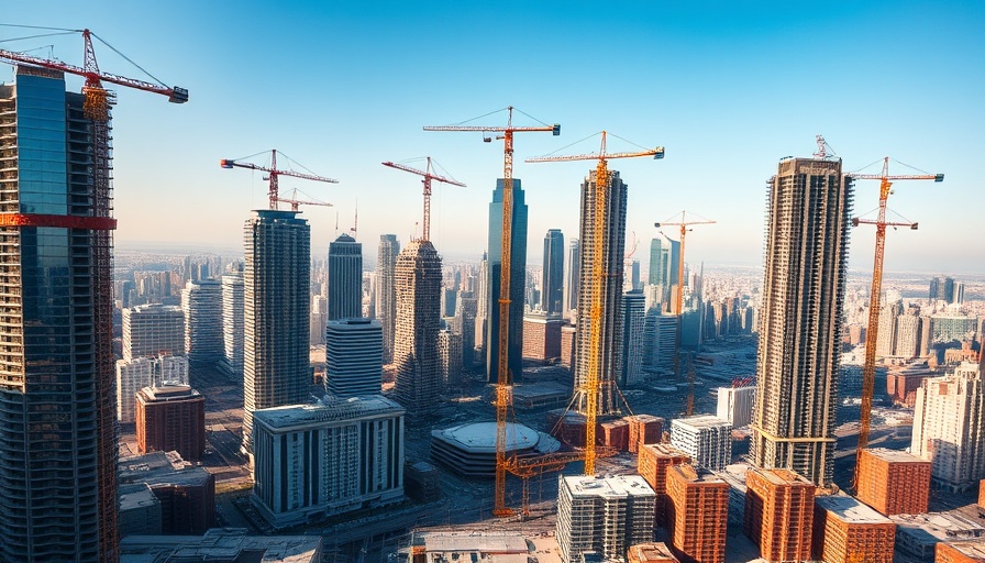 Urban construction site with skyscrapers and cranes under blue sky.