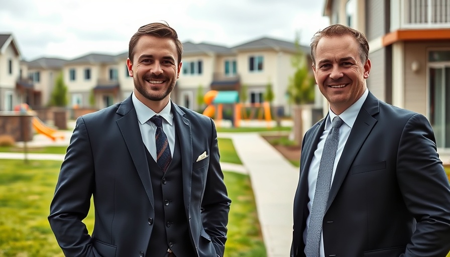 Two men in suits standing in a Scottish residential area, smiling confidently.