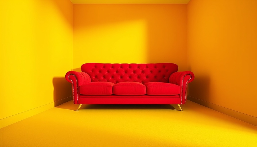 Vibrant red sofa in a small yellow room, surreal design.